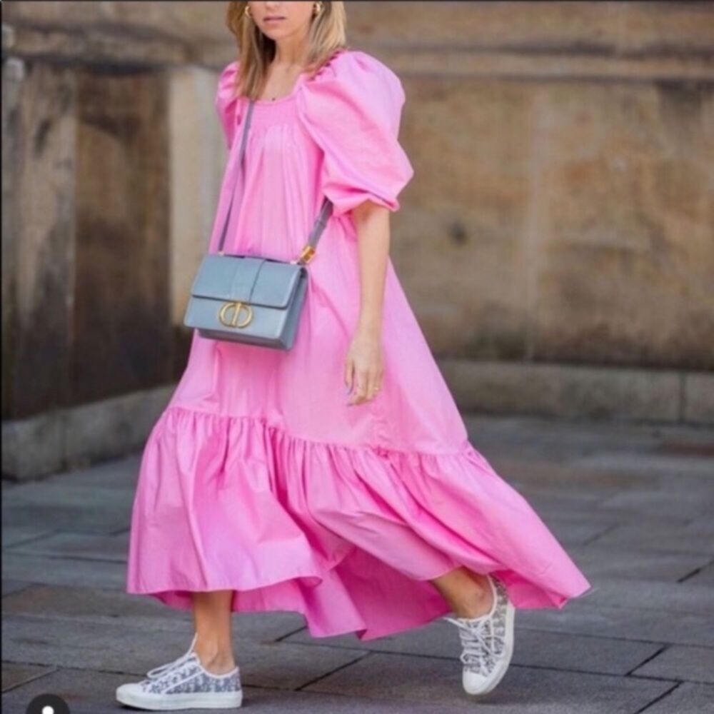 H&M Pretty In Pink Cotton Puff Sleeves Dress L